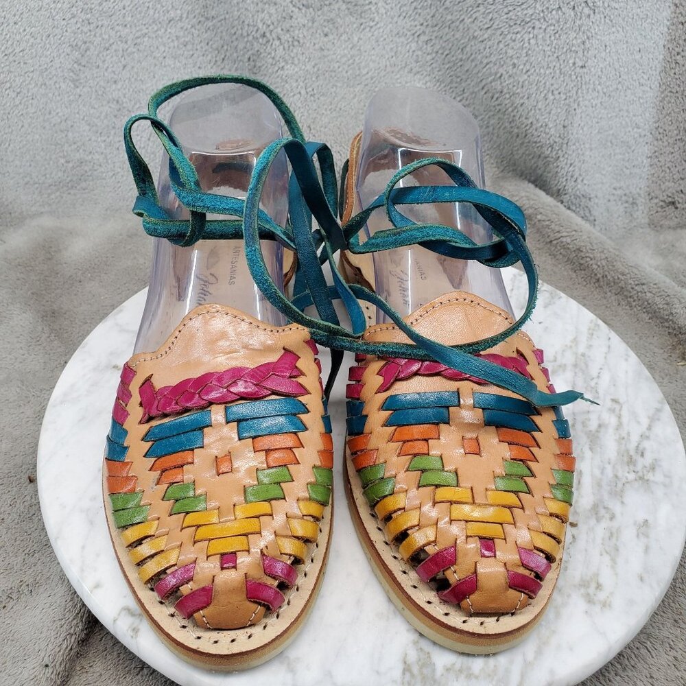 Johan Shoes Womens UK 5 US 7 Multicolor Leather Hurache Ankle Wrap Sandals - Picture 3 of 10